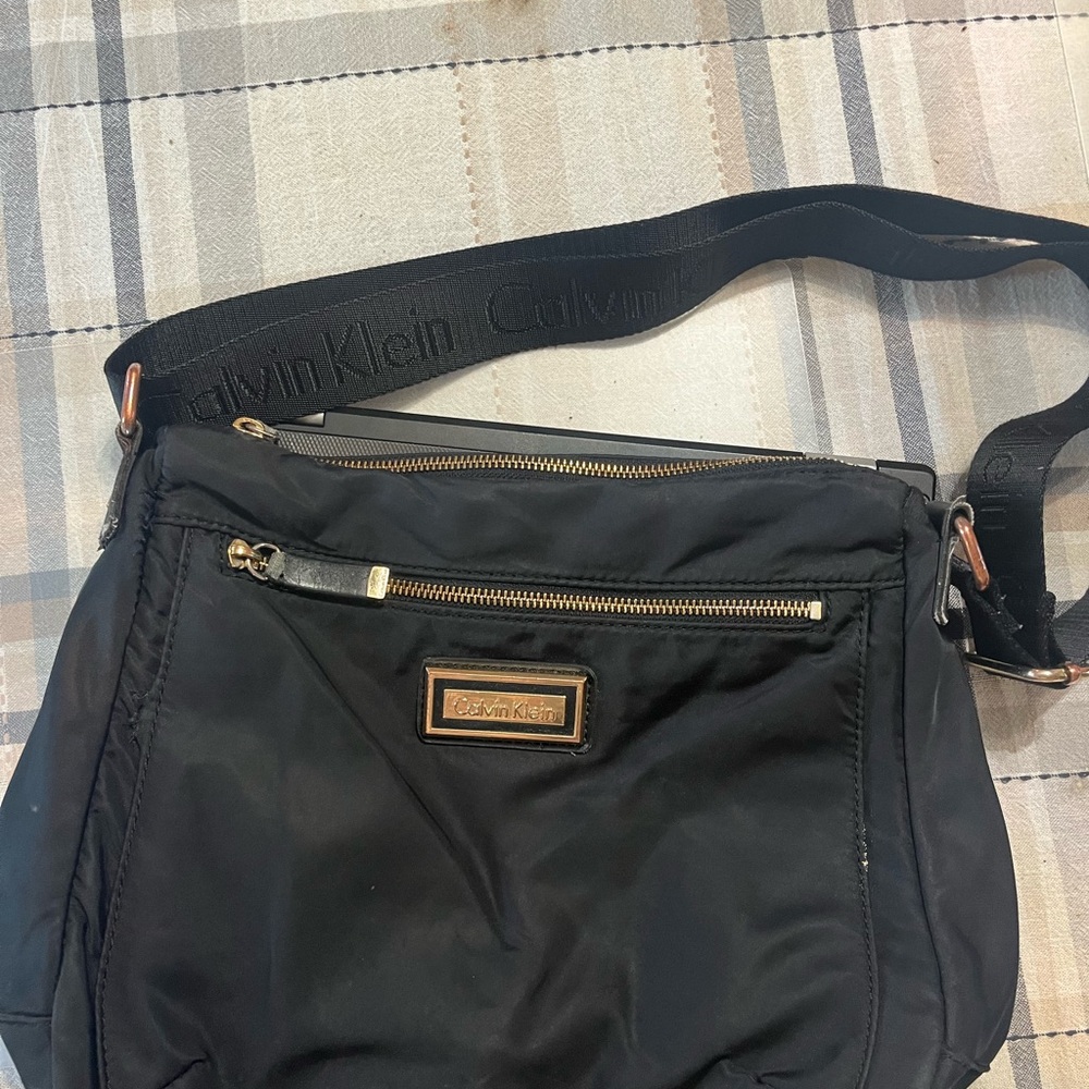 Calvin Klein Black Nylon Crossbody Messenger Bag with Gold Accents